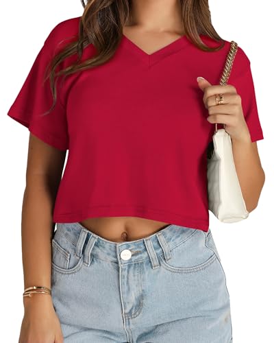 Image of Womens Crop Tops Short Sleeve V Neck Summer Cropped T Shirts Baisc Tees