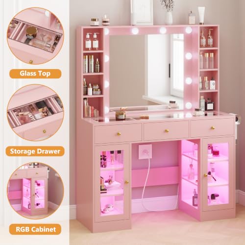 Image of HUANLEGO Pink Vanity Desk with Mirror and Lights, Glass Top Vanity with Lighted Mirror & RGB Glass Cabinet and 3 Drawers, Makeup Vanity Desk with Lights Dressing Table for Bedroom, 3 Color Modes