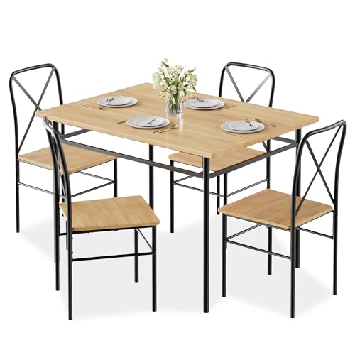 Image of VECELO 5-Piece Dining Table Set for 4, Wood Dinette with Chairs, Natural&Black