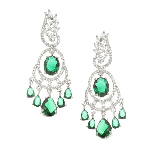 Image of ZENEME Rhodium-Plated American Diamond Studded Oval & Leaf Shaped Drop Earrings For Girls and Women