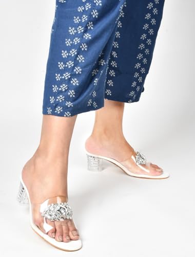 Image of TRYME Embellished Front Studded Buckle Block Heels Comfortable Transparent Party Kitten Heel for Womens & Girls