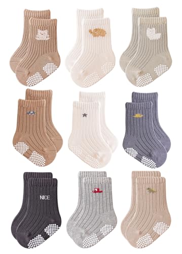 Baby Grip Socks Non Slip Grips Girls Boys Ankle Crew Newborn Infant Toddler Kids Casual Anti Skid Socks (US, Age, 6 Months, 12 Months, 9 Pairs - Black Grey Brown)