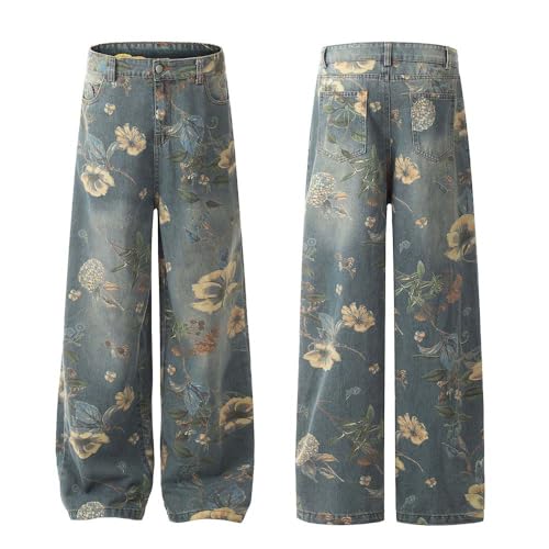 American Retro hot Girl Washed and Distressed Floral Denim Pants, Y2K Wide Leg Loose Jeans3