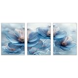  SHYAMIC triptyque Mural Boho Peinture Abstraite, Fleur Bleue Botanique Bohème Art Impressions pour Murs Toile Peinture Oeuvre pour Chambre Salon - 50x70cmx3 Sans cadre