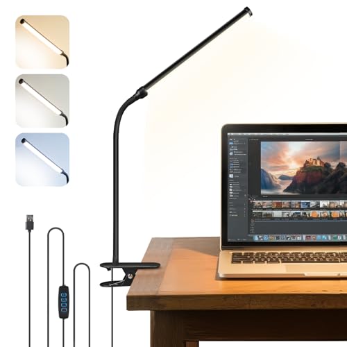 Baytion Desk Lamp for Office Home-Eye Caring Desk Light with 10 Brightness X 3 Color, RA97,13W LED Clip on Reading Lamp for Study Work Room Drafting Sewing-Black【Flexible Gooseneck,1.5M USB Cable】