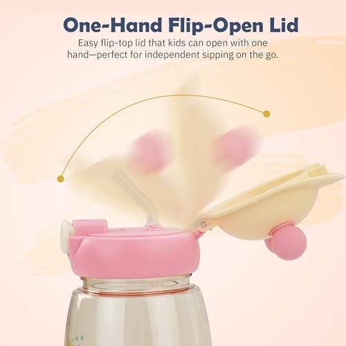 Image of BAYBEE SnowSip Baby Sipper Bottle with Straw for Kids | Spill Proof & BPA Free Safe Sipper 540ml | Cute Cartoon Design Smooth Sipping & Adjustable Strap | Drinking Water Bottle for School Kids (Pink)