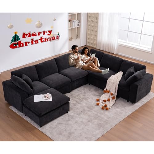 VEPXXP 7-Seater U-Shaped Modular Sofa with Ottoman, Black
