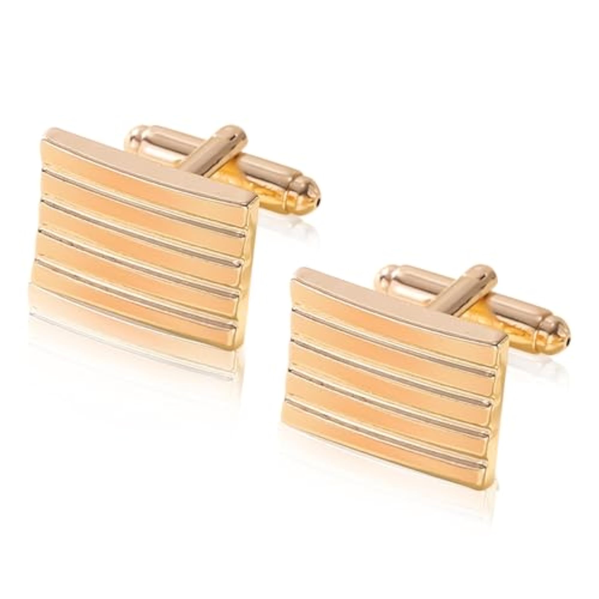 Men's Gold Plated Stainless Steel Striped Rectangle Cufflinks, Classic Gift