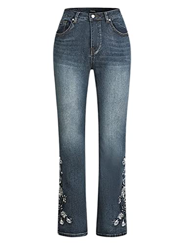 Flamingals Women's Floral Embroidery Mid Waist High Stretch Bootcut Jeans With Pockets Navy Blue L #TOP12