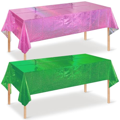 Image of 2 Pcs Iridescent Pink and Green Tablecloth Party Decorations, Holographic Foil Plastic Table Cloths for Rectangle Tables, Disposable Green and Pink Table Cover for Witch Theme Birthday Party Supplies