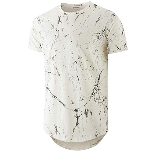 KLIEGOU Mens Hipster Hip Hop Ripped Round Hemline Pattern Print T Shirt (86SH White M)