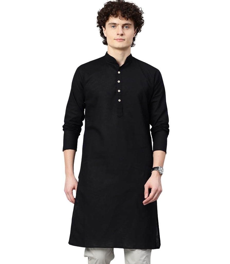 majestic man Men's Cotton Regular Fit Casual Mandarin Collar Ethnic Motifs Solid Long Kurta-picture-25