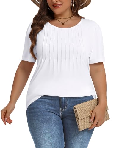 Image of Plus Size Tops for Women Pleated Summer Top Trendy Short Sleeve Shirts Casual Basic Tee Crew Neck Blouses 2026