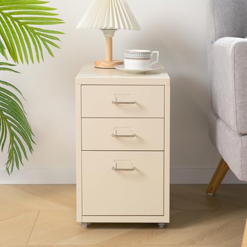 HollyHOME Archivador móvil de 3 cajones, organizador de carpetas bajo el escritorio, armario de almacenamiento de metal con ruedas para el hogar y la oficina, crema - imagen 7