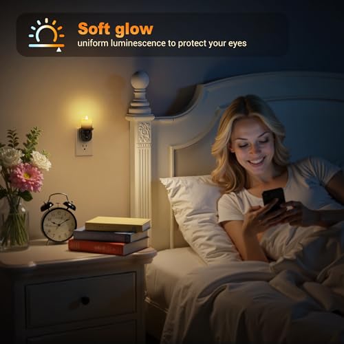 Image of JandCase Night Lights Plug into Wall, 2 Pack Flameless Flickering Electric Fake Candle Night Light with Dusk to Dawn Sensor, 3000K Soft White, 0-100LM Dimmable Nightlight for Bathroom Bedroom Hallway
