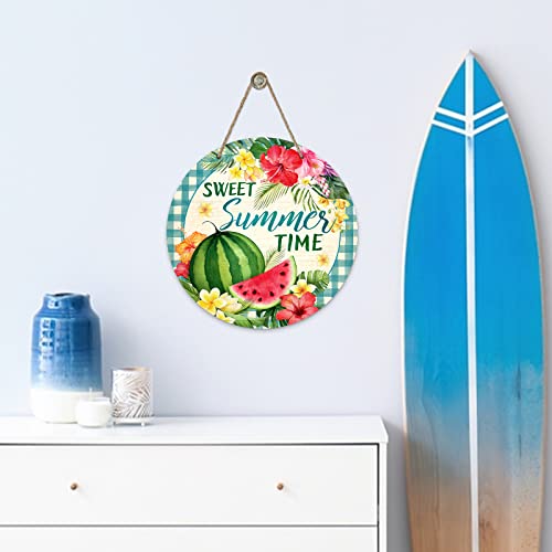 Deroro Sweet Summer Time Watermelon Front Door Sign, Tropical Hibiscus Frangipani Flower Wood Door Hanger Outdoor Outside Porch Decor, Hawaii Palm Leaves Wooden Wreath Indoor Wall Hanging Decoration #TOP4