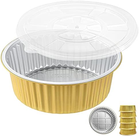 MESTAEK 10" Aluminum Foil Pans + Snap-On Lids (5 Pack) | 2X Thicker Heavy Duty 3.3" Deep Disposable Reusable Foil Tins