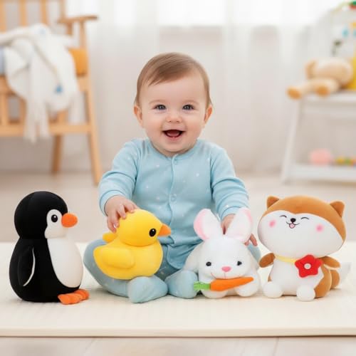 Image of Plush Toy Set for Kids (Pack of 4) - Soft Stuffed Duck, Bunny, Penguin & Flower Cat Characters | Cute Huggable Plushies for Boys & Girls | Gift Toy for Playtime & Bedtime