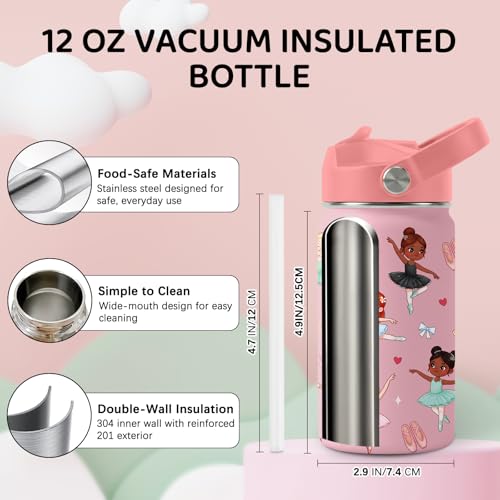 Image of Ballet Water Bottle for Son & Daughter, Stainless Steel Insulated Tumbler with Straw Lid and Handle, 12oz Reusable Leak-Proof Bottle for Sports
