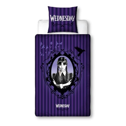 Character World Bettwäsche 135x200 Wednesday Addams Glamour Kissenbezug 80x80 + Bettbezug 135x200 Microfaser angenehm & weich Geschenkidee Fanartikel Serie für Kinder Teenager