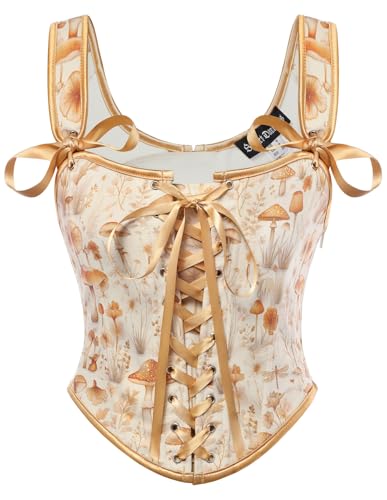 SCARLET DARKNESS Damen Renaissance Korsett U-Neck Corsage Blumendruck Corset Lace-up Bustier Orange Pilze 42