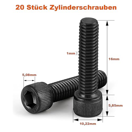 ORTAVA 20 Stück M6 x 16 Schrauben, Zylinderschrauben, Zylinderkopfschrauben DIN 912 / ISO 4762, Innensechskant, Schwarzes Oxid, Vollgewinde Legierter Stahl mit Innensechskantschlussel