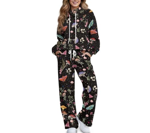 Chuzarugn Mushroom Butterfly Two Piece Outfits For Women Casual Long Sleeve Sweatsuits Jogger Tracksuits Lounge Sets With Pockets Size XL