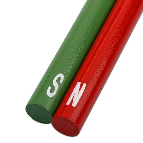 Stabmagnet rund, Ø 10 x 200 mm, AlNiCo rot/grün lackiert Schulmagnet Schule Nordpol Südpol markiert