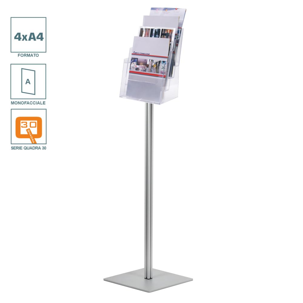 Espositore Portadepliant a Piantana da terra con 4 Tasche A4 in plexi, montante in alluminio e base in metallo per un'ottima stabilità - Serie Quadra
