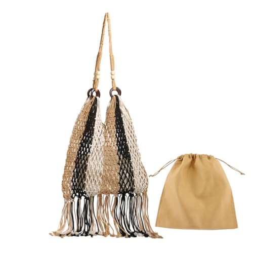 Image of GRPKSSIB Boho Beach Bags Knitted Tote Bag Bohemian Crochet Purse Handbags Summer Shoulder Bag Tassels for Women