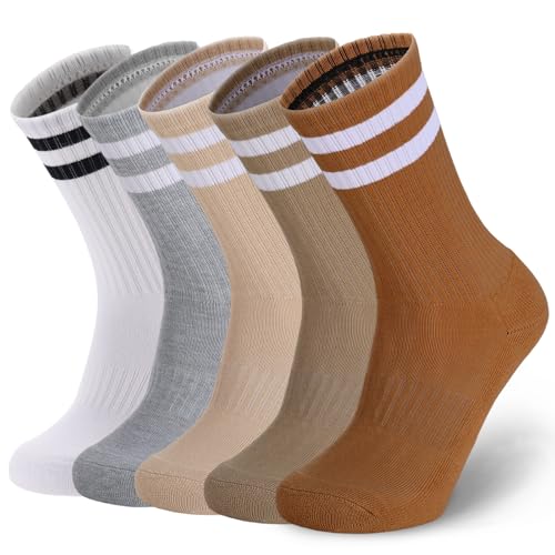 Image of Ultrafun 5 Pairs Striped Crew Socks Cotton Cushioned Athletic Sports Running Socks for Men Women Teens