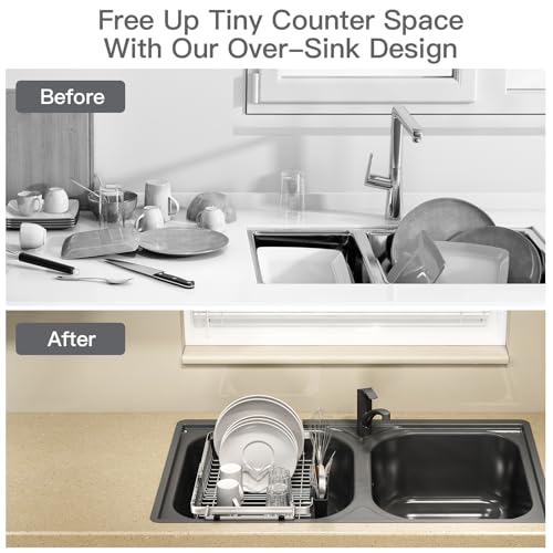 MAJALiS Dish Drying Rack Over The Sink, Expandable Stainless Steel Dish Drainer for Small Kitchen Counter Space Saving, RV Compact Plate Strainer In Silver Metal with Hanging Adjustable Utensil Holder by MAJALiS - Image 2