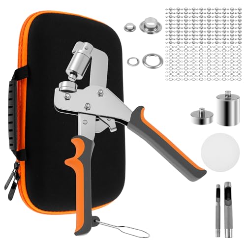 Jokapy Profi Ösenzange Set, Magnetische Ösenpresse mit 200 rostfreien Ösen (100pcs Ø6mm und 100pcs Ø10mm), Ösenstanze mit wechselbarem Stanzkopf für Planen & Stoffe Leder Gürtel Awnings(Silber)