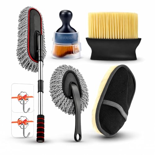 Image of 7-in-1 Car Cleaning Kit - Extendable Microfiber Car Wash Mop, Dashboard & AC Vent Detailing Brush, Dusting Duster, Wash Pad & Hooks | Interior & Exterior Car Care Combo (Pack of 7) (Multi)