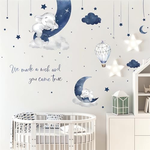 Dream Blue Grey Sleeping Baby Elephant Wall Sticker, sacinora Moon Star Cloud Warm English Phrase Wall Decal Removable Vinyl Peel and Stick for Kid...