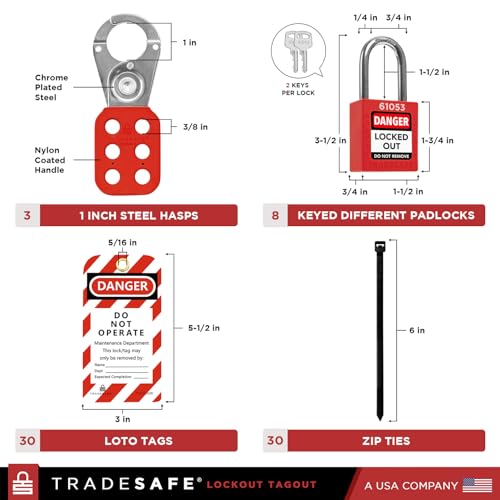 TRADESAFE Lockout Tagout Station with Loto Devices - Lock Out Tag Out Kit Board Includes 8 Pack Safety Lock Set, 3 Hasps for Padlocks, 30 Do Not Operate Tags for Lockout Safety, OSHA Compliance