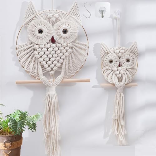 2 Pièces Attrape-rêves Hibou Macramé Tenture Tapisserie Boho, Décoration de Fête à Domicile Art Tissé à la Main pour Le Bureau Chambre à Coucher Appartement Chambre des Enfants Galerie