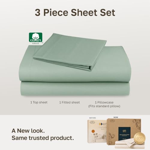 Image of Soft Natural 100% Cotton Sateen Twin Bed Sheet Set, 3 Pc Set, Frosty Green