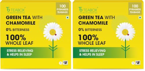 Image of Teabox Chamomile Green Tea 100 Tea Bags | With Egyptian Chamomile Flowers & Whole Leaf Green Tea | Calming Blend for Relaxation & Sleep | Low Caffeine, Fresh & Aromatic (Pack of 2)