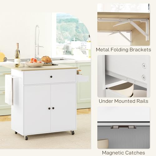 HOMCOM Kitchen Island with Drop Leaf, Rolling Kitchen Storage Trolley on Wheels with Drawer, Spice Rack and Towel Rack, Storage Cart with Adjustable Shelf, White - Image 8