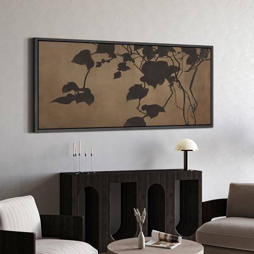 Image of MUDECOR Extra Large Framed Canvas Print Wall Art Minimalist Shadow Leaves Neutral Botanical Silhouette Antique Retro Ready to Hang Painting for Living Room Bedroom Multi-Sizes - 60 inchx30 inch