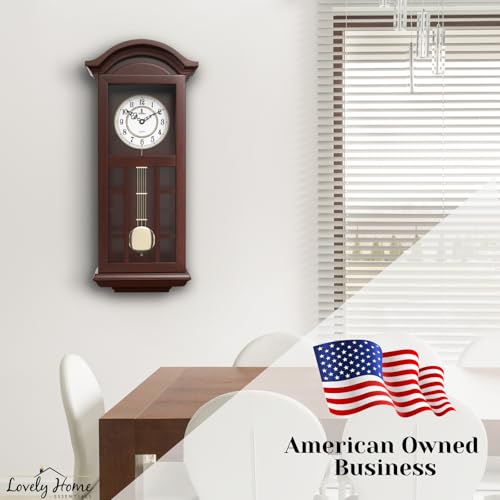 Pendulum Wall Clock - 27 inch Wooden Hanging Grandfather Wall Clock with Pendulum - Real Wood, Quiet, Non-Chiming & Battery Operated for Living Room Decor, Office & Home Décor Gift