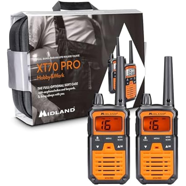 Midland XT70 PRO Doble Hobby Work Versión Full Optional Walkie Talkie de Carga Rápida 101 Canales PMR446 y Canal RRM Resistente al Agua IPX4 Maletín de Transporte 12Km Naranja 2 Unidades