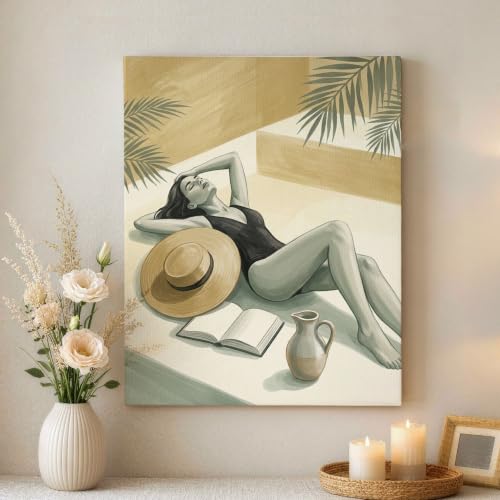Lienzo abstracto de verano de 16 x 20 pulgadas con diseno de mujer tropical