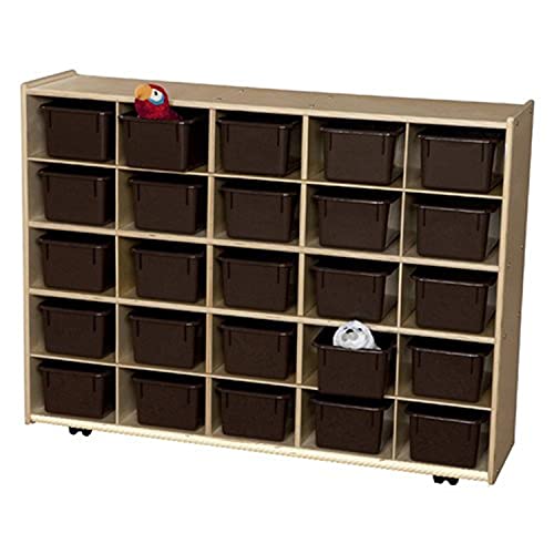 Contender 25 Cubby Storage Cabinet with Chocolate Pastel Trays [Comes Fully Assembled], with Wheels, for Classroom, Homeschool, Kindergarten, in Natural Finish