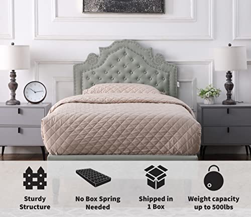 Twin Upholstered Platform Bed Frame With 47" Tall Adjustable Headboard - Button Tufted Linen Bed - Wood Slat Support With Storage Space - No Box Spring Needed - Grey - Oliver & Smith - Elizabeth #TOP4