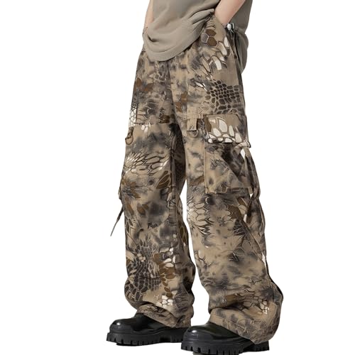 XYXIONGMAO Men's Casual Cargo Pants Hip Hop Streetwear Techwear Multi-Pocket Loose Sweatpants Black Camouflage Overalls