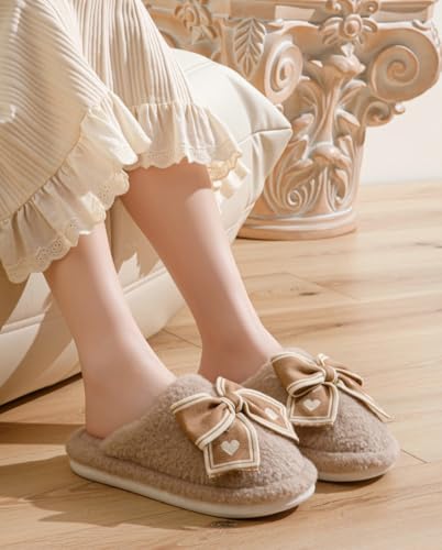 Women's Fuzzy Bow Slippers Cute Elegant Style Warm Faux Fur Non-Slip Soft Sole Indoor Outdoor Winter Shoes2