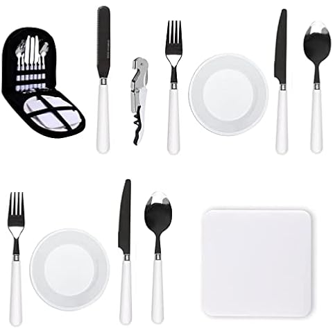 Camping Cutlery Set of 12 Camping Cutlery Set with Fork, Spoon, Steak Knife, Butter Knife, Bottle Opener, Chopping Board, Saucer for 1-2 People, Outdoor, Hiking, Travel, Camping, Mountaineering Cover