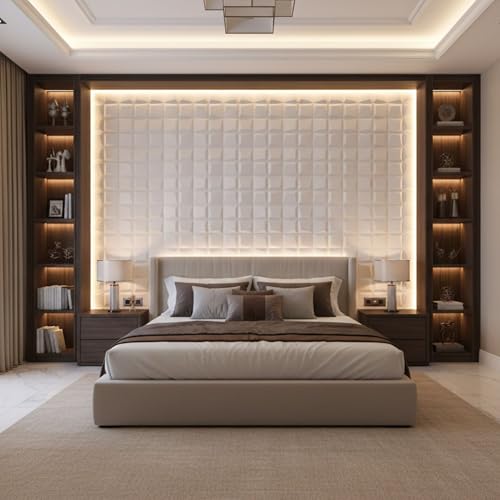 Image of Kayra Decor 3D PVC Wall Panels for Bedroom & Living Room | Cube Design | White Color|19.7 x 19.7 Inch | Pack of 12 | 32.28 Sq Ft